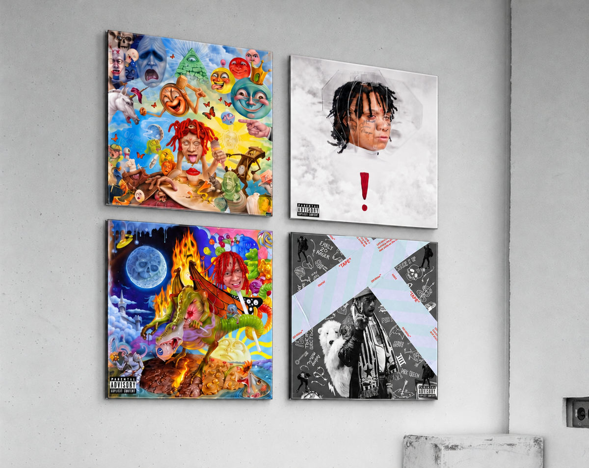Custom acrylic glass album covers on a wall